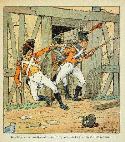 Illustration av den bombade Louis (1862-1927) från boken "The Memorial of Saint Helene" av greve Emmanuel de Las Cases (1766-1842): Schweiziskt infanteri: grenadjär vid 1:a regementet och fusilier i 2:a, 3:e och 3:e regementet, Privat samling av Louis Charles Bombled