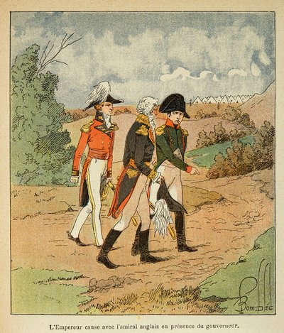 Illustration av bombade Louis (1862-1927) från boken "The Memorial of Saint Helene" av greve Emmanuel de Las Cases (1766-1842): Samtal mellan Napoleon, guvernör Hudson Mowe och den engelske amiralen Cockburn i augusti 1816 i Ste Helene, Privat Co av Louis Charles Bombled