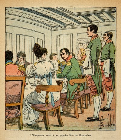 Illustration av den bombade Louis (1862-1927) från boken "The Memorial of Saint Helene" av greve Emmanuel de Las Cases (1766-1842): Middag av kejsar Napoleon ombord på Northumberland på väg till St. Helene, med Mrs. De Montholon till vänster om henne, meni av Louis Charles Bombled