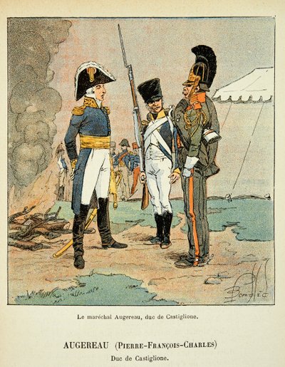 Illustration av den bombade Louis (1862-1927) från boken "The Memorial of Saint Helene" av greve Emmanuel de Las Cases (1766-1842): Le marechal Pierre Augereau (1757-1816), hertig av Castiglione, privat samling av Louis Charles Bombled