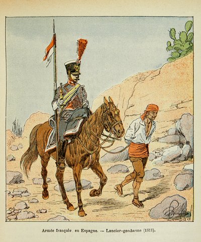 Illustration av bombade Louis (1862-1927) från boken "The Memorial of Saint Helene" av greve Emmanuel de Las Cases (1766-1842): Fransk Armee i Spanien: Lancier gendarme 1811, privat samling av Louis Charles Bombled
