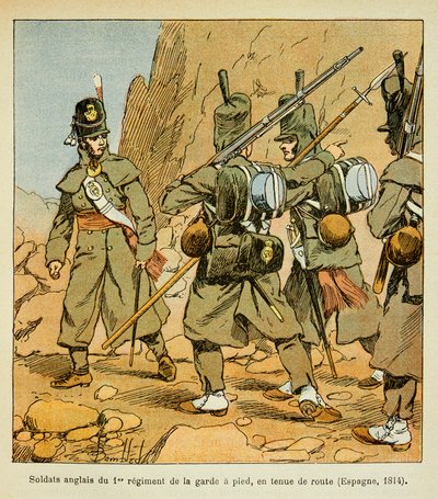 Illustration av bombade Louis (1862-1927) från boken "The Memorial of Saint Helene" av greve Emmanuel de Las Cases (1766-1842): Engelska soldater från 1:a gardets regemente i ett vägställ (Spanien 1814), privat samling av Louis Charles Bombled