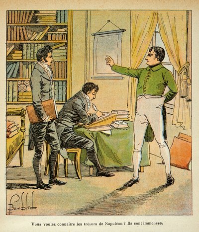 Illustration av den bombade Louis (1862-1927) från boken "The Memorial of Saint Helene" av greve Emmanuel de Las Cases (1766-1842): Napoleon dikterar sina minnesmärken till Las fall, privat samling av Louis Charles Bombled