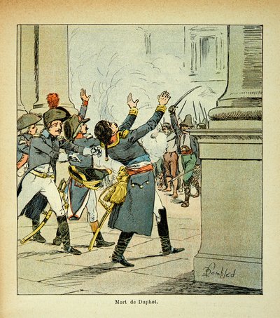 Illustration af den bombede Louis (1862-1927) fra bogen "The Memorial of Saint Helene" af grev Emmanuel de Las Cases (1766-1842): Mordet på general Leonard Duphot (1769-1797) i Rom i 1797, Private Collectionswed av Louis Charles Bombled