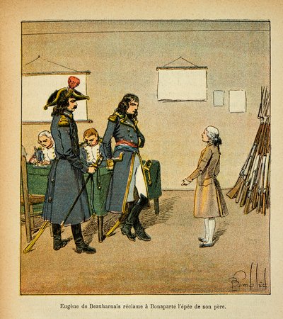 Illustration av den bombade Louis (1862-1927) från boken "The Memorial of Saint Helene" av greve Emmanuel de Las Cases (1766-1842): Eugene de Beauharnais (1781-1824) gör anspråk på sin fars svärd i Bonaparte, privatsamling av Louis Charles Bombled