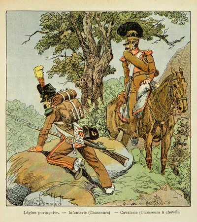 Illustration av den bombade Louis (1862-1927) från boken "The Memorial of Saint Helene" av greve Emmanuel de Las Cases (1766-1842): Portugisisk legion: infanteri (jägare) och kavalleri (jägare till häst), privat samling av Louis Charles Bombled