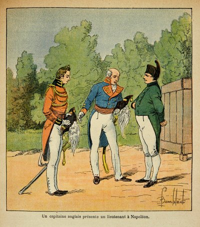 Illustration av Bombled Louis (1862-1927) från boken "The Memorial of Saint Helene" av greve Emmanuel de Las Cases (1766-1842): En engelsk kapten överlämnar en löjtnant till kejsar Napoleon till Helene, privat samling. av Louis Charles Bombled