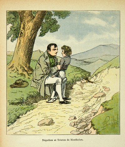 Illustration av den bombade Louis (1862-1927) från boken "The Memorial of Saint Helene" av greve Emmanuel de Las Cases (1766-1842): A St Helene, Emperor Napoleon and Tristan of Montholon, Private Collection av Louis Charles Bombled