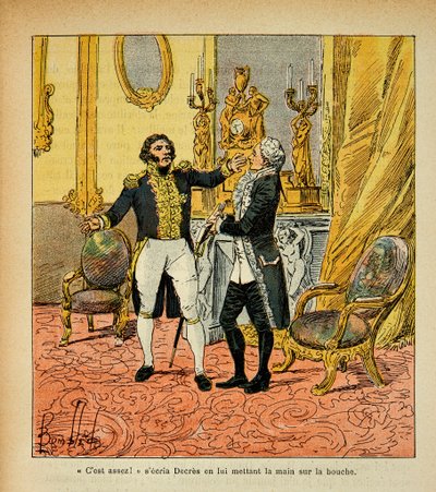 Illustration av bombade Louis (1862-1927) från boken "The Memorial of Saint Helene" av greve Emmanuel de Las Cases (1766-1842): Talleyrand (1754-1838) vänd mot Denis Decres (1761-1820) Privat samling av Louis Charles Bombled
