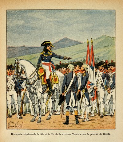Illustration av den bombade Louis (1862-1927) från boken "The Memorial of Saint Helene" av greve Emmanuel de Las Cases (1766-1842): Bonaparte tillrättavisar 85 och 39:e Vaubois-regementet på Rivolis platå, privat samling av Louis Charles Bombled