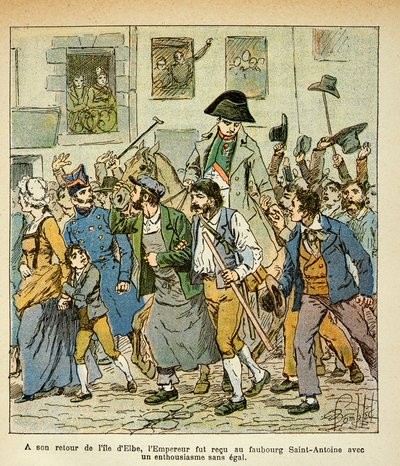 Illustration av den bombade Louis (1862-1927) från boken "The Memorial of Saint Helene" av greve Emmanuel de Las Cases (1766-1842): När han återvände från Elba, togs kejsaren emot i faubourg Saint Antoine med oöverträffad entusiasm, Speciellt Collec av Louis Charles Bombled