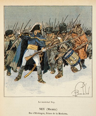 Illustration av den bombade Louis (1862-1927) från boken "The Memorial of St. Helene" av greve Emmanuel de Las Cases (1766-1842): Porträtt av marechal Michel Ney (1769-1815), hertig av Elchingen, prins av Moskova , under Rysslands reträtt, Private Collec av Louis Charles Bombled