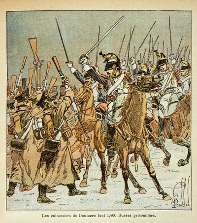 Illustration av bombade Louis (1862-1927) från boken "The Memorial of St. Helene" av greve Emmanuel de Las Cases (1766-1842): Överste Doumeres nionde regemente av slagskepp fångade 1800 ryssar under det ryska fälttåget, privat samling av Louis Charles Bombled