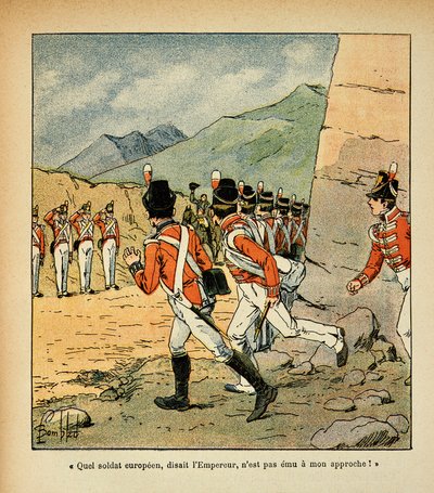 Illustration av Bombled Louis (1862-1927) från boken "The Memorial of St. Helene" av greve Emmanuel de Las Cases (1766-1842): Kejsar Napoleon hälsar på garnisonen i St. Helene, privat samling. av Louis Charles Bombled