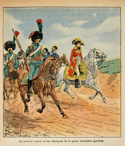 Illustration av bombade Louis (1862-1927) från boken "The Memorial se Sainte Helene" av greve Emmanuel de Las Cases (1766-1842): Konsulgardets förste konsul och jägare, privat samling av Louis Charles Bombled