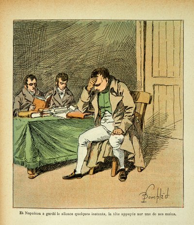 Illustration av den bombade Louis (1862-1927) från boken "The memorial se Sainte Helene" av greve Emmanuel de Las Cases (1766-1842): Kejsar Napoleon mediterar i reaktionen på sina minnesmärken, Privat samling av Louis Charles Bombled