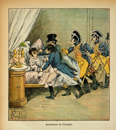 Illustration av Bombled Louis (1862-1927) från boken "The memorial se Sainte Helene" av greve Emmanuel de Las Cases (1766-1842): Arrestering av Jean Charles Pichegru (1761-1804) den 28 februari 1804, privat samling. av Louis Charles Bombled