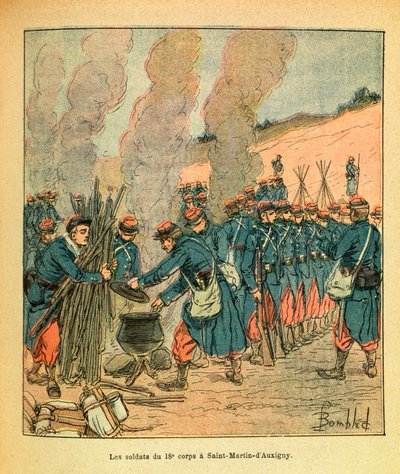 The Army of the East av Eugene Sergeant, dit Grenest, illustrerad av Louis Bombled (1862-1927) (fransk-tyska kriget; kampanj 1870 -1871): Soldaterna från den 18:e kåren vid Saint Martin d