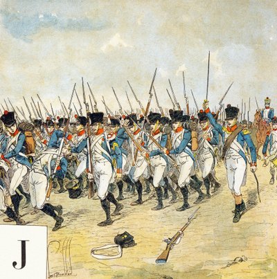 Bokstav J: Ung vakt, "Je serai soldat" (Jag kommer att vara en soldat) - Militärt alfabet av Louis Charles Bombled