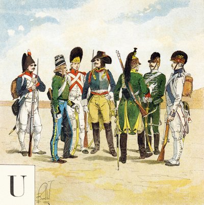 Bokstav U: Franska arméns uniformer, "Je serai soldat" (Jag kommer att vara en soldat) - Militärt alfabet av Louis Charles Bombled