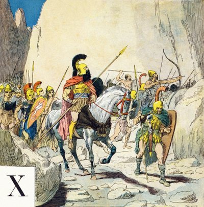 Bokstav X: Xenophon (430-355 f.Kr.), grekisk militärledare, och hans armé, "Je serai soldat" (Jag kommer att vara en soldat) - Militäralfabetet av Louis Charles Bombled