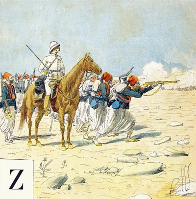 Bokstav Z: Zouaves, "Je serai soldat" (Jag kommer att vara en soldat) - Militärt alfabet av Louis Charles Bombled