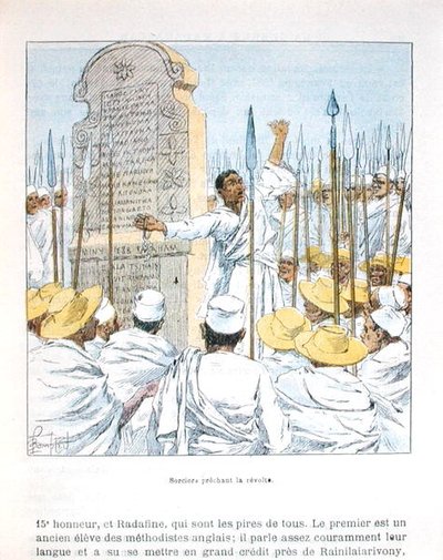 Trollkarlar som predikar revolt mot Frankrike efter den franska ockupationen av Madagaskar 1895, illustration från 