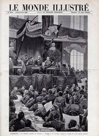 Tal av August Bebel (1840-1913) under socialistkongressen i Breslau i TYSKLAND 1895 - Gravyr i "The Illustrous World" 1895 - Teckning av Bombled. av Louis Charles Bombled