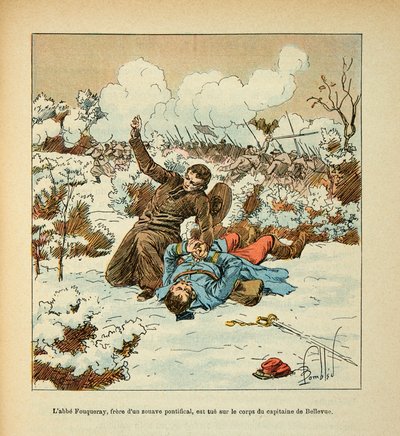 The Armee of the Loire av Eugene Sergeant, dit Grenest, illustrerad av Louis Bombled (1862-1927) (fransk-tyska kriget; kampanj 1870 -1871): Abbe Fouqueray, bror till en påvlig Zouave, dödas på kaptenens kropp Bellevue, privat samling av Louis Charles Bombled