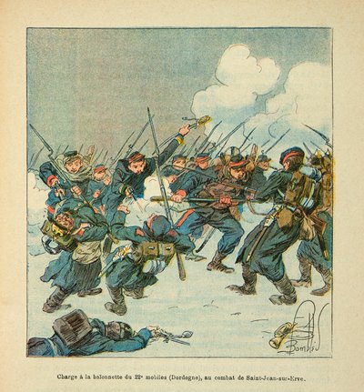 The Armee of the Loire av Eugene Sergeant, känd som Grenest, illustrerad av Louis Bombled (1862-1927) (fransk-tyska kriget; kampanj 1870 -1871): anfall till bajonetten av den 22:a mobilen (Dordogne) i slaget vid Saint Jean sur Evre i januari 1871, P av Louis Charles Bombled