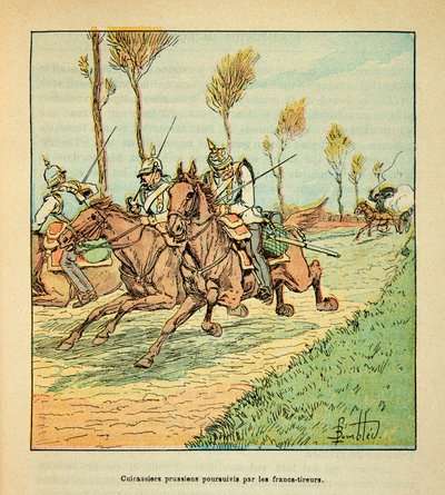 The Armee of the Loire af Eugene Sergent, kendt som Grenest, illustreret af Louis Bombled (1862-1927) (fransk-tyske krig; kampagne 1870 -1871): Preussiske kyrassere forfulgt af freicisterne i oktober 1870, Private Collectionswed av Louis Charles Bombled