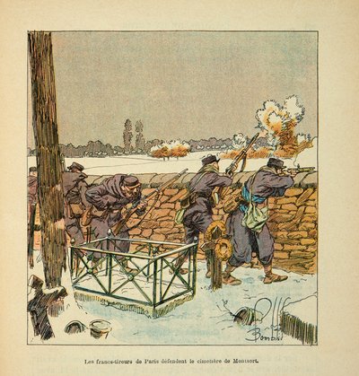 The Armee of the Loire av Eugene Sergent, känd som Grenest, illustrerad av Louis Bombled (1862-1927) (fransk-tyska kriget; kampanj 1870 -1871): De franska skyttarna i Paris försvarar kyrkogården i Montsort (Alencon) i januari 1871, Privat samling av Louis Charles Bombled