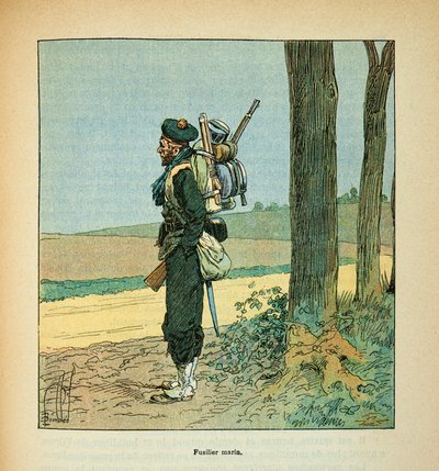 The Armee of the Loire av Eugene Sergent, känd som Grenest, illustrerad av Louis Bombled (1862-1927) (fransk-tyska kriget; kampanj 1870 -1871): Marine Fusilier 1870, privat samling av Louis Charles Bombled