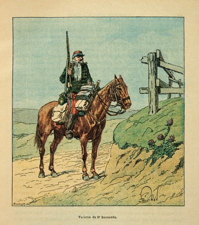 The Armee of the Loire av Eugene Sergent, känd som Grenest, illustrerad av Louis Bombled (1862-1927) (fransk-tyska kriget; kampanj 1870 -1871): Star of the 6th Hussards, engagerad under slaget vid Toury i oktober 1870 , Privat samling av Louis Charles Bombled