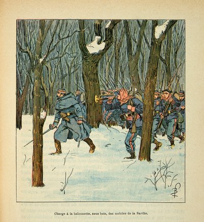 The Armee of the Loire av Eugene Sergent, känd som Grenest, illustrerad av Louis Bombled (1862-1927) (fransk-tyska kriget; kampanj 1870 -1871): Slaget vid Le Mans i januari 1871, laddade Sarthes mobiltelefoner , Privat samling av Louis Charles Bombled