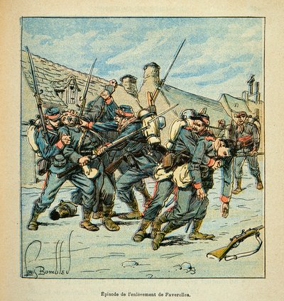 The Armee of the Loire av Eugene Sergent, känd som Grenest, illustrerad av Louis Bombled (1862-1927) (fransk-tyska kriget; kampanj 1870 -1871): Strid mellan preussar och fransmän 1870, privat samling av Louis Charles Bombled