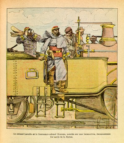 The Eastern Armee of Eugene Sergeant, dit Grenest, illustrerad av Louis Bombled (1862-1927) (fransk-tyska kriget; kampanj 1870-1871): I december 1870 erkände överste Lavalle och överstelöjtnant Bramas monterade på ett lokomotiv bankernas stränder. Saone av Louis Charles Bombled