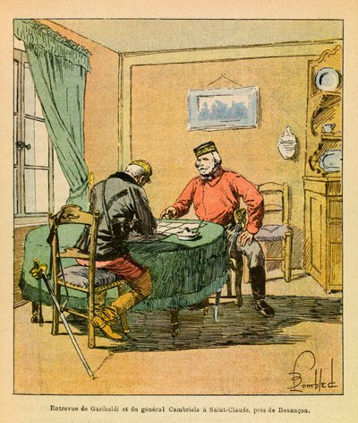 The Eastern Armee of Eugene Sergeant, dit Grenest, illustrerad av Louis Bombled (1862-1927) (fransk-tyska kriget; kampanj 1870-1871): Intervju av Garibaldi och general Cambriels vid Saint Claude nära Besancon i oktober 1870, privat samling av Louis Charles Bombled