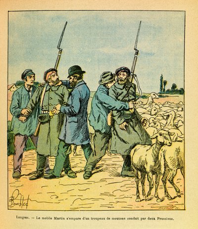 The Eastern Armee of Eugene Sergeant, dit Grenest, illustrerad av Louis Bombled (1862-1927) (fransk-tyska kriget; kampanj 1870 -1871): Martin-mobilen, förklädd till en bonde, grep en fårhjord ledd av två preussar till Langres i november 1870, Priv av Louis Charles Bombled