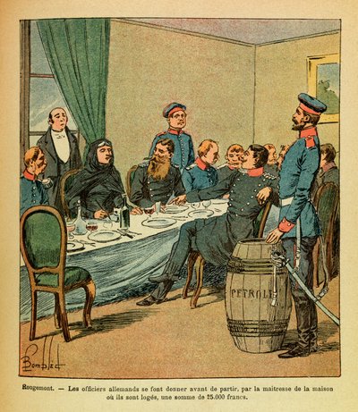 The Eastern Armee of Eugene Sergeant, dit Grenest, illustrerad av Louis Bombled (1862-1927) (fransk-tyska kriget; kampanj 1870 -1871): I Rougemont gavs de tyska officerarna innan de lämnade, av älskarinna i huset där de är loger, en summa av Louis Charles Bombled