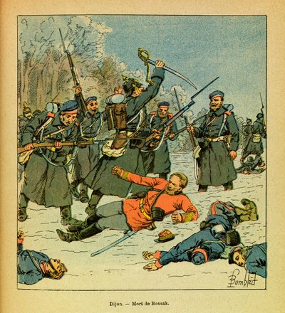 The Eastern Armee of Eugene Sergeant, dit Grenest, illustrerad av Louis Bombled (1862-1927) (fransk-tyska kriget; kampanj 1870-1871): General Bossak-Haukes död på platsen känd som "La Cap" av Louis Charles Bombled