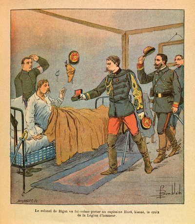 The Eastern Armee of Eugene Sergeant, dit Grenest, illustrerad av Louis Bombled (1862-1927) (fransk-tyska kriget; kampanj 1870-1871): Överste De Bigot förde själv till kapten Huot Hederslegionens kors efter striderna av Voujeaucourt i av Louis Charles Bombled