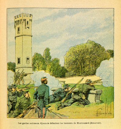 The Eastern Armee of Eugene Sergeant, dit Grenest, illustrerad av Louis Bombled (1862-1927) (fransk-tyska kriget; kampanj 1870 -1871): Dijons försvar i oktober 1870, Dijonnais nationalgarde försvarar Montmusards höjder, privat Samling av Louis Charles Bombled