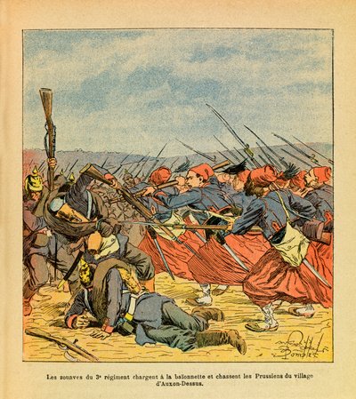 The Eastern Armee of Eugene Sergeant, dit Grenest, illustrerad av Louis Bombled (1862-1927) (fransk-tyska kriget; kampanj 1870-1871): Zouaverna från 3:e regementet laddar en baionett och driver ut preussarna från byn Auxon-Dessus under t av Louis Charles Bombled