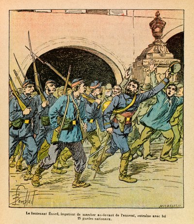 The Eastern Armee of Eugene Sergeant, dit Grenest, illustrerad av Louis Bombled (1862-1927) (fransk-tyska kriget; kampanj 1870-1871): Under striderna vid Epinal i oktober 1870 gick löjtnant Enard ivrigt att gå framför fienden ledde med honom Nati av Louis Charles Bombled
