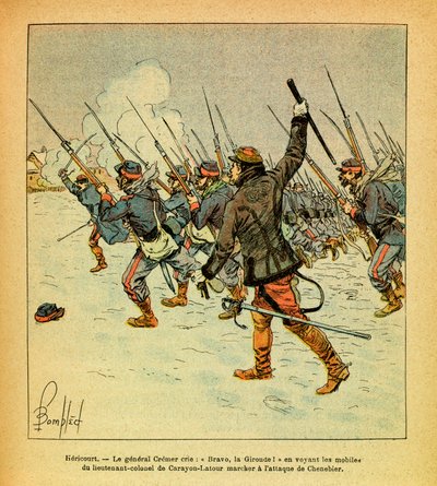 The Eastern Armee of Eugene Sergeant, känd som Grenest, illustrerad av Louis Bombled (1862-1927) (fransk-tyska kriget; kampanj 1870 -1871): Januari 1871, Hericourt, ropar general Cremer "Bravo, La Gironde" när han ser överstelöjtnantens motiv av Louis Charles Bombled