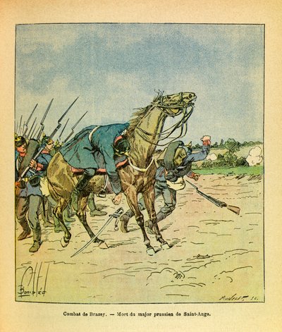 The Eastern Armee of Eugene Sergeant, känd som Grenest, illustrerad av Louis Bombled (1862-1927) (Frankisk-tyska kriget; kampanj 1870-1871): November 1870, under striderna vid Brazey, skjuts major Preussian Saint Ange ned, Privat samling av Louis Charles Bombled