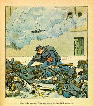 The Eastern Armee of Eugene Sergeant, känd som Grenest, illustrerad av Louis Bombled (1862-1927) (fransk-tyska kriget; kampanj 1870 -1871): Dijon, januari 1871, beslagtog jägaren Victor Curtat flaggan av 61 Pomeranian, privat Samling av Louis Charles Bombled