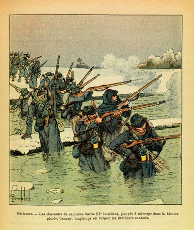 The Eastern Armee of Eugene Sergeant, känd som Grenest, illustrerad av Louis Bombled (1862-1927) (fransk-tyska kriget; kampanj 1870 -1871): Januari 1871, Hericourt, jägarna av kapten Sarda dyker halvkropp i isen Lisaine, håll dig länge fiende av Louis Charles Bombled