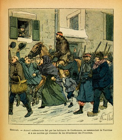 The Eastern Armee of Eugene Sergeant, känd som Grenest, illustrerad av Louis Bombled (1862-1927) (fransk-tyska kriget; kampanj 1870 -1871): Januari 1871, Hericourt, entusiasm framkallad av invånarna i Couthenans, till befälhavaren för Vaulchier och hans m av Louis Charles Bombled